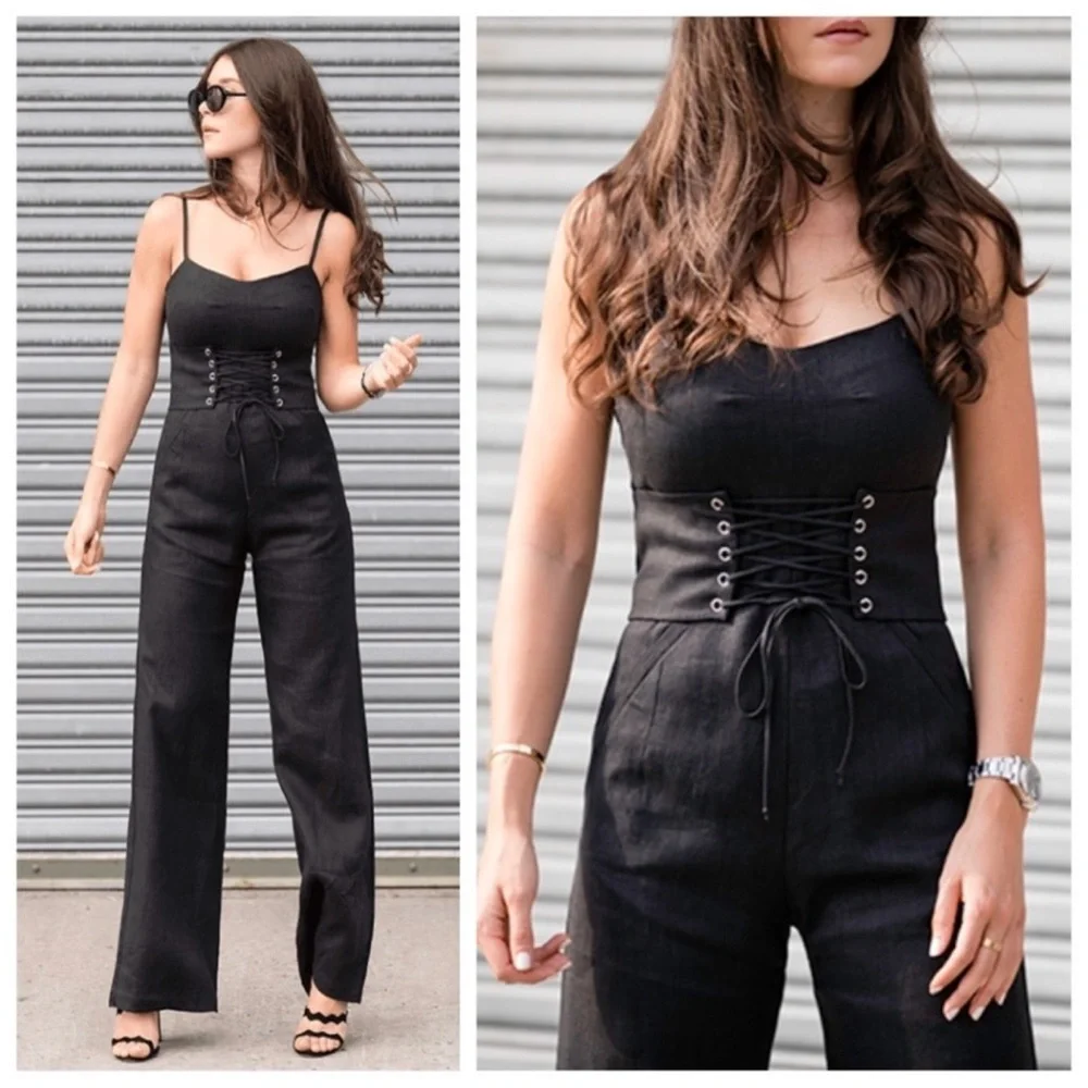 Reformation Pace Black Linen Corset Wideleg Jumpsuit